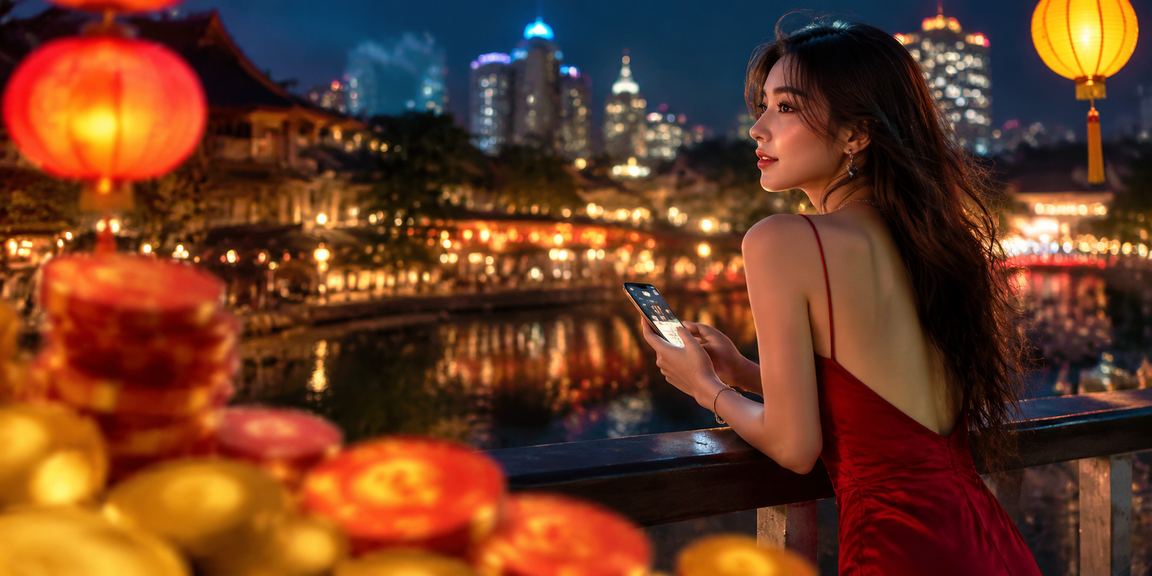 Người dùng tại Hà Nội chơi casino trên điện thoại di động trong không khí lễ hội đèn lồng