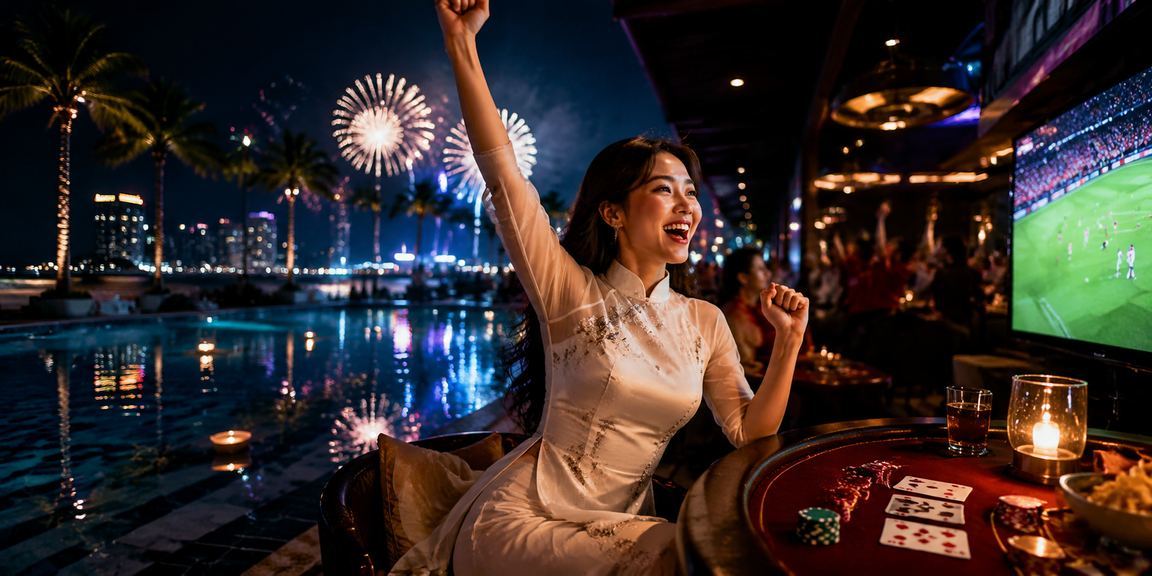 Người phụ nữ mặc áo dài tại Nha Trang chơi bài và thực hiện giao dịch trực tuyến trên điện thoại